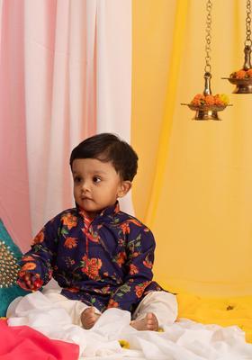 Navy Blue Printed Cotton Kurta Set For Boys