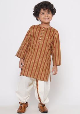 Brown Self Design Cotton Kurta Set For Boys