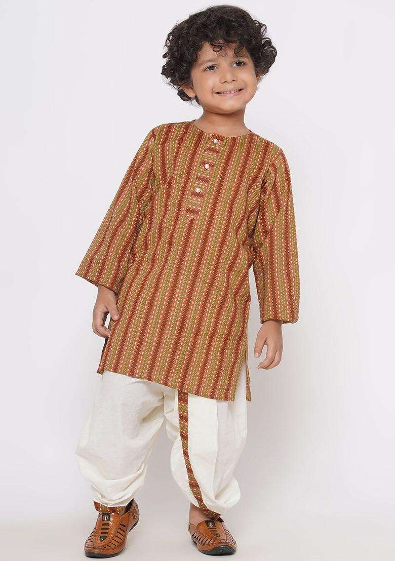 Brown Self Design Cotton Kurta Set For Boys - Indya
