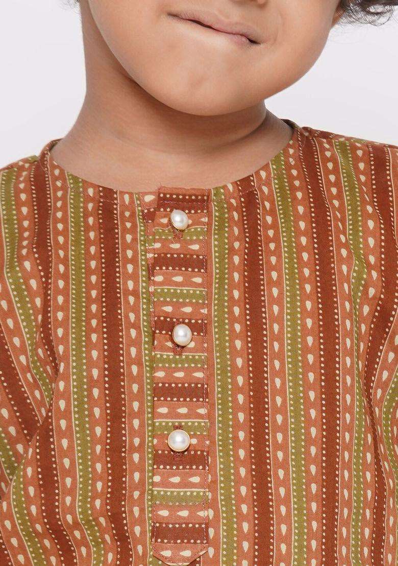 Brown Self Design Cotton Kurta Set For Boys - Indya