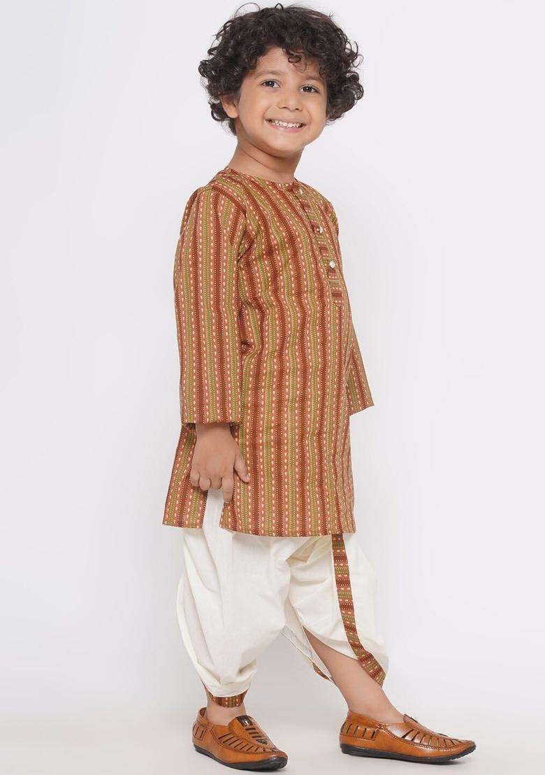 Brown Self Design Cotton Kurta Set For Boys - Indya