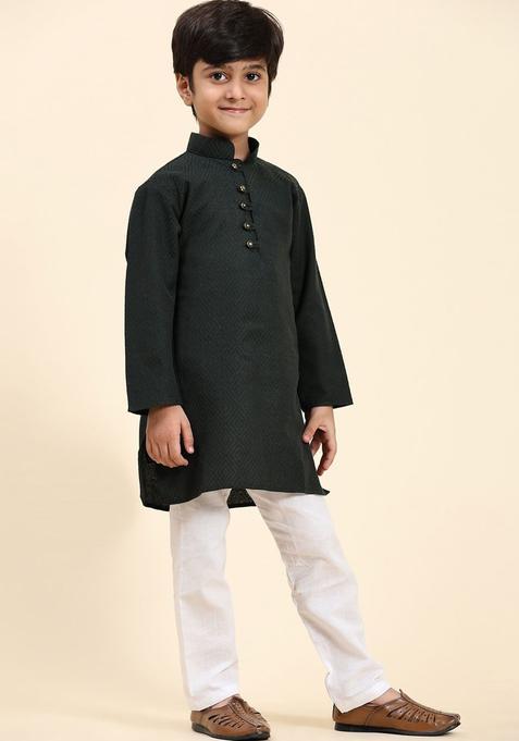 Green Self Design Cotton Kurta Set For Boys — view on Indya