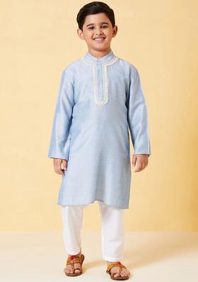 Blue Solid Polyester Kurta Set For Boys
