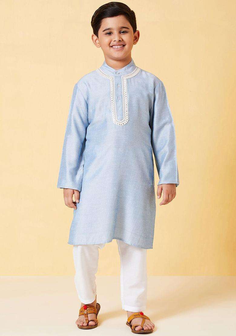 Blue Solid Polyester Kurta Set For Boys - Indya