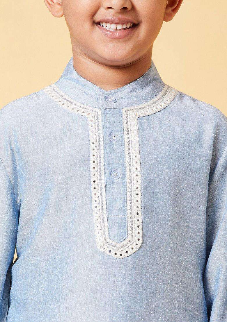 Blue Solid Polyester Kurta Set For Boys - Indya