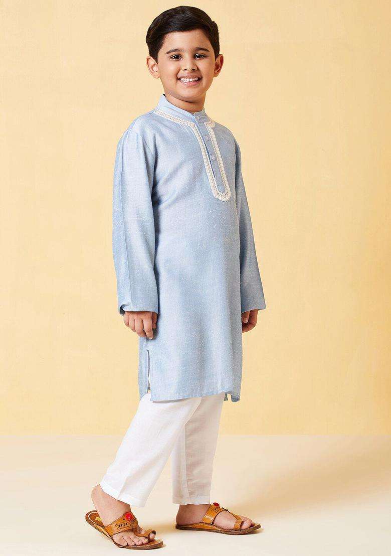 Blue Solid Polyester Kurta Set For Boys - Indya