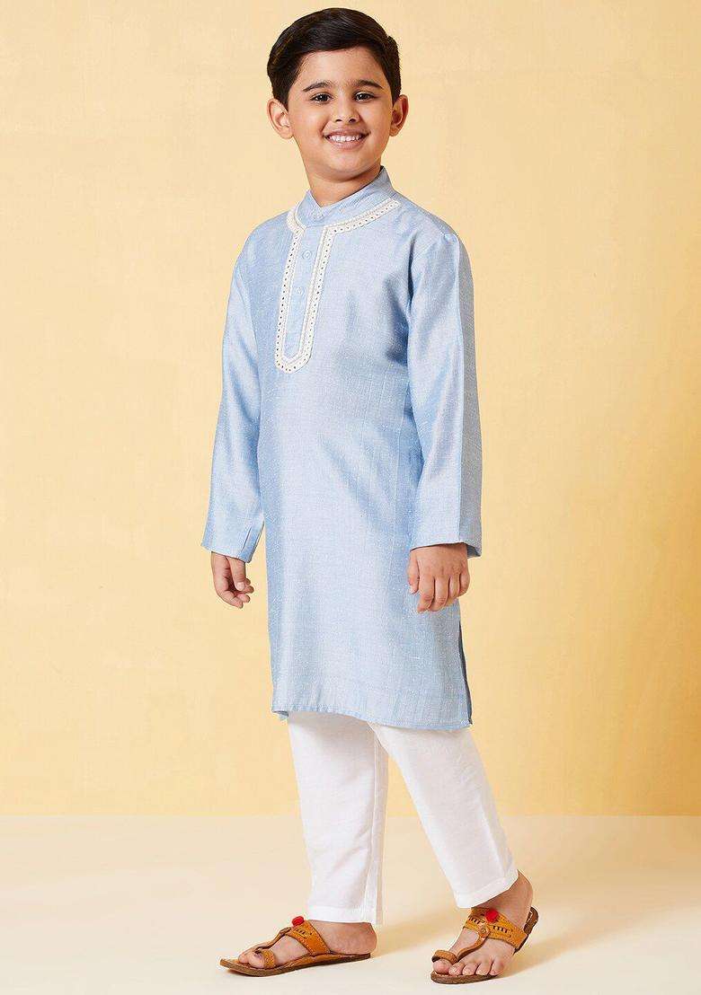 Blue Solid Polyester Kurta Set For Boys - Indya