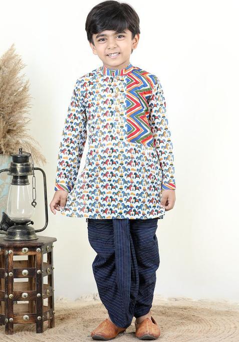 Blue Printed Cotton Kurta Set For Boys — view on Indya