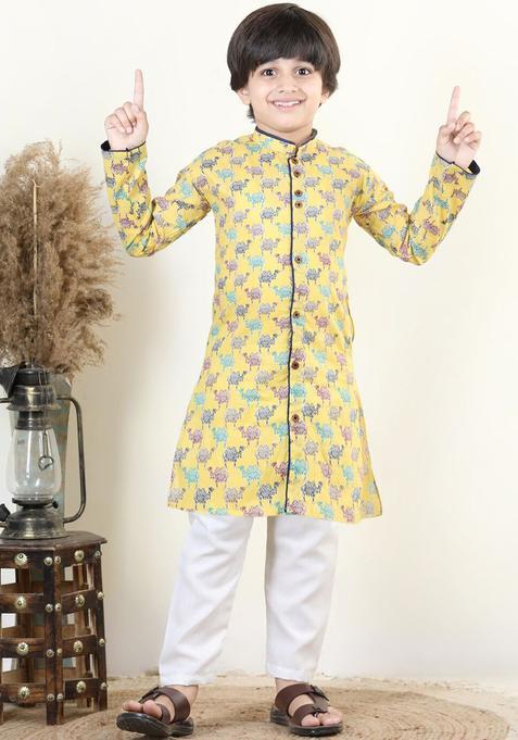Yellow Printed Cotton Kurta Set For Boys — view on Indya