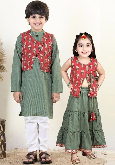 Green Striped Cotton Kurta Set For Boys — view on Indya