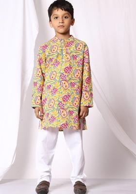 Mustard Printed Cotton Kurta Set For Boys