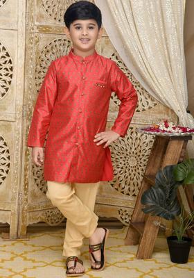 Red Printed Silk Kurta Set For Boys