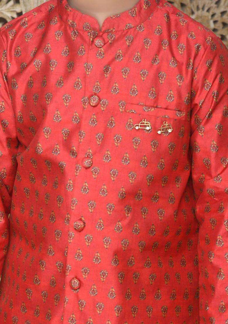 Red Printed Silk Kurta Set For Boys - Indya