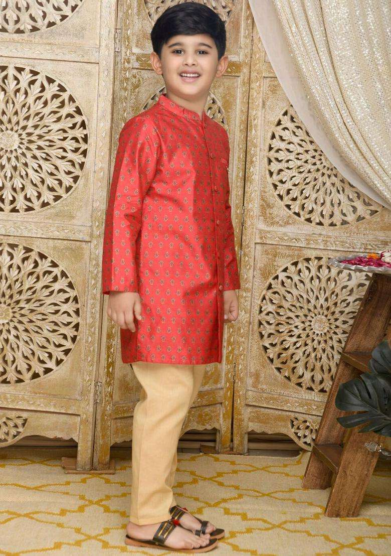 Red Printed Silk Kurta Set For Boys - Indya
