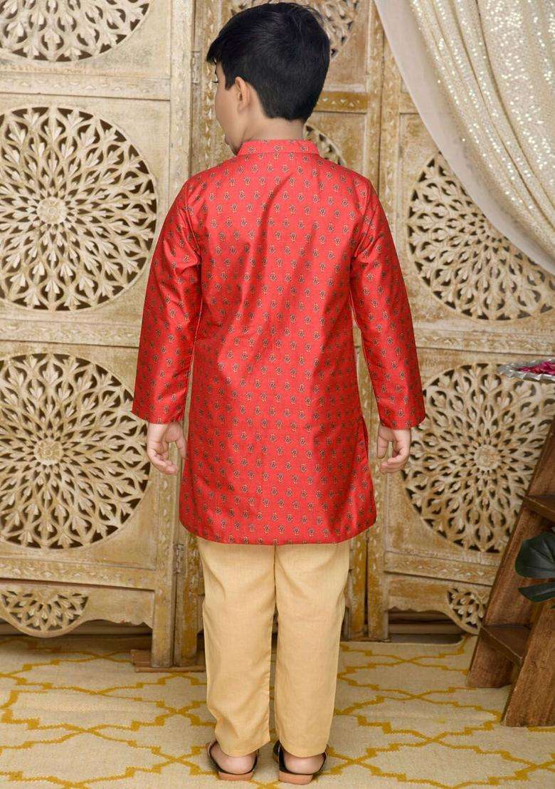 Red Printed Silk Kurta Set For Boys - Indya