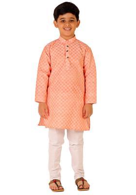 Peach Checked Cotton Kurta Set For Boys