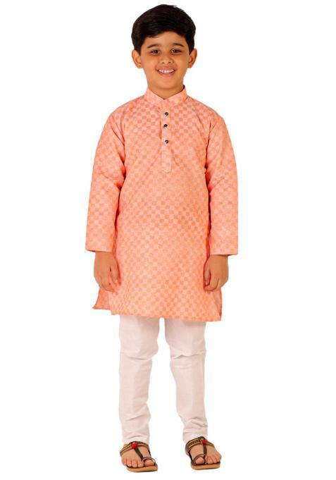Peach Checked Cotton Kurta Set For Boys — view on Indya