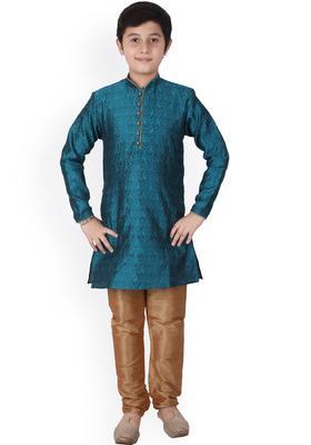 Teal Woven Design Cotton Kurta Set For Boys
