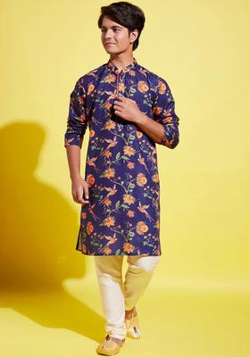 Navy Blue Printed Cotton Kurta Set For Boys