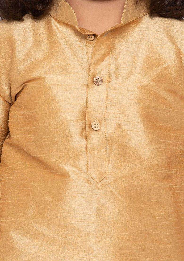 Rose Gold Solid Silk Kurta Set For Boys - Indya