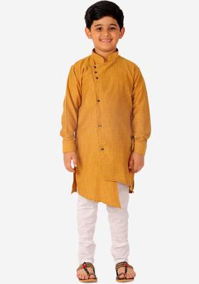 Brown Self Design Cotton Kurta Set For Boys