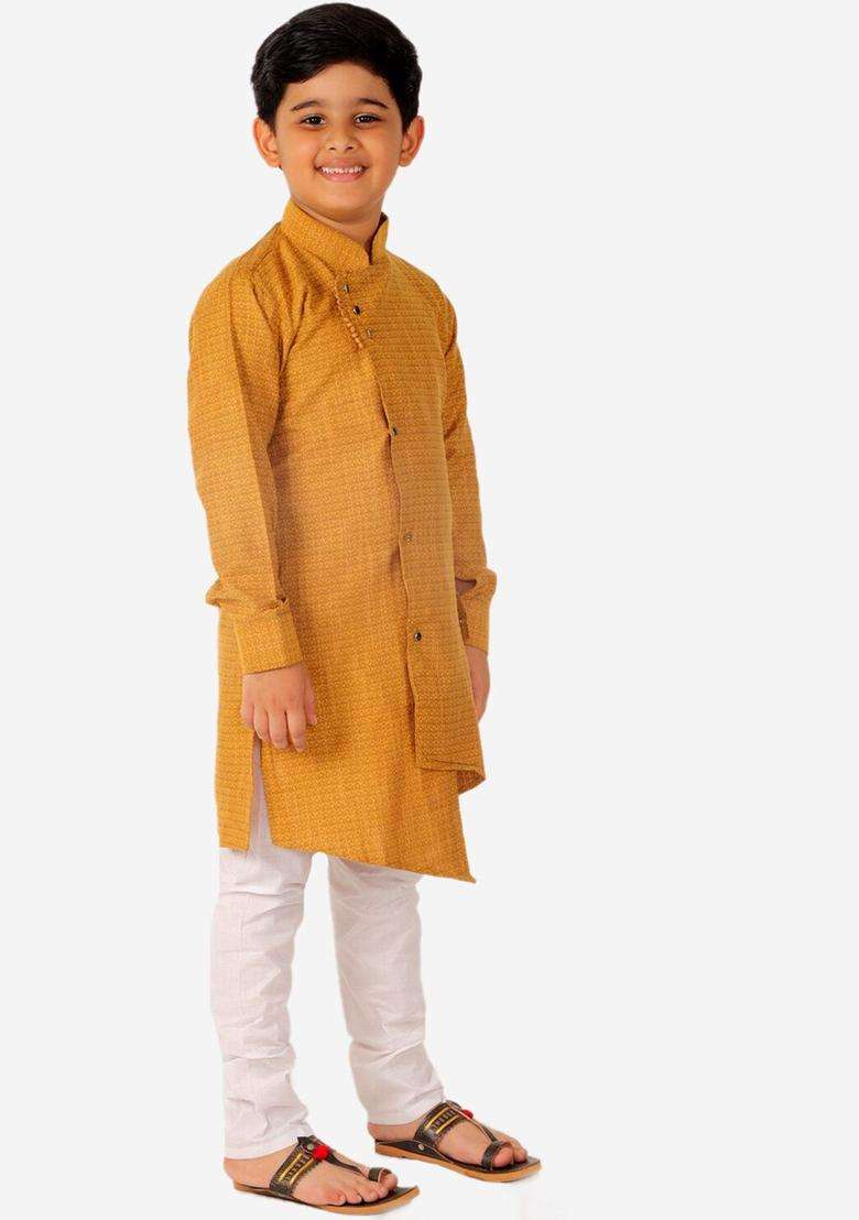 Brown Self Design Cotton Kurta Set For Boys - Indya