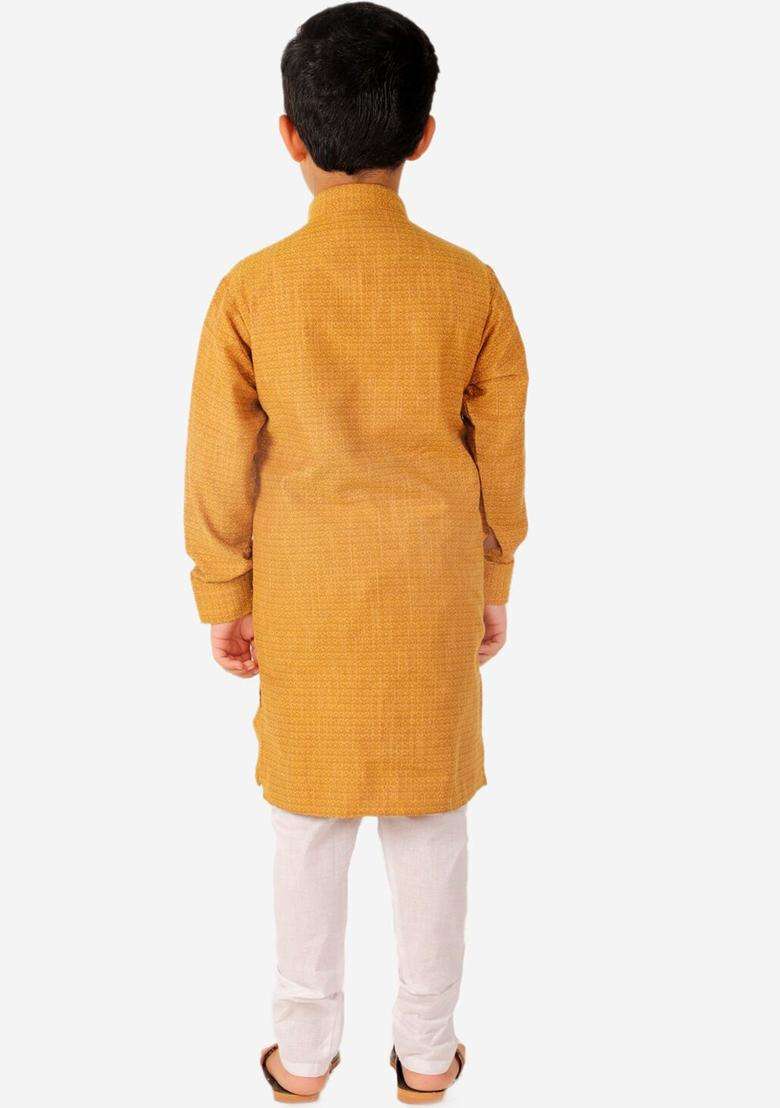 Brown Self Design Cotton Kurta Set For Boys - Indya
