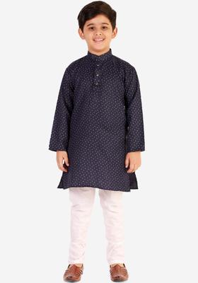 Navy Blue Printed Cotton Kurta Set For Boys
