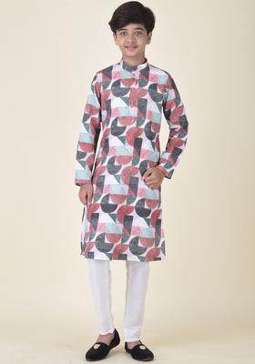 Peach Printed Cotton Kurta Set For Boys