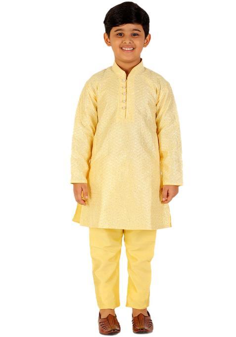 Lime Green Solid Silk Kurta Set For Boys — view on Indya