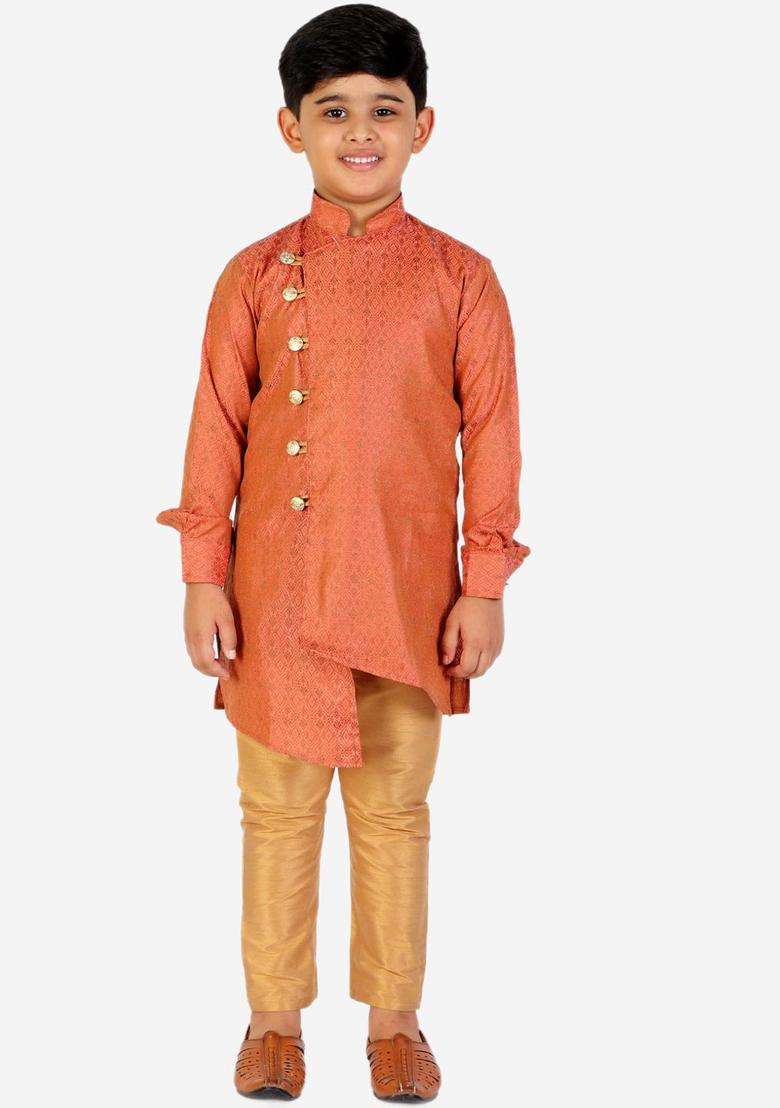 Rust Woven Design Silk Kurta Set For Boys - Indya