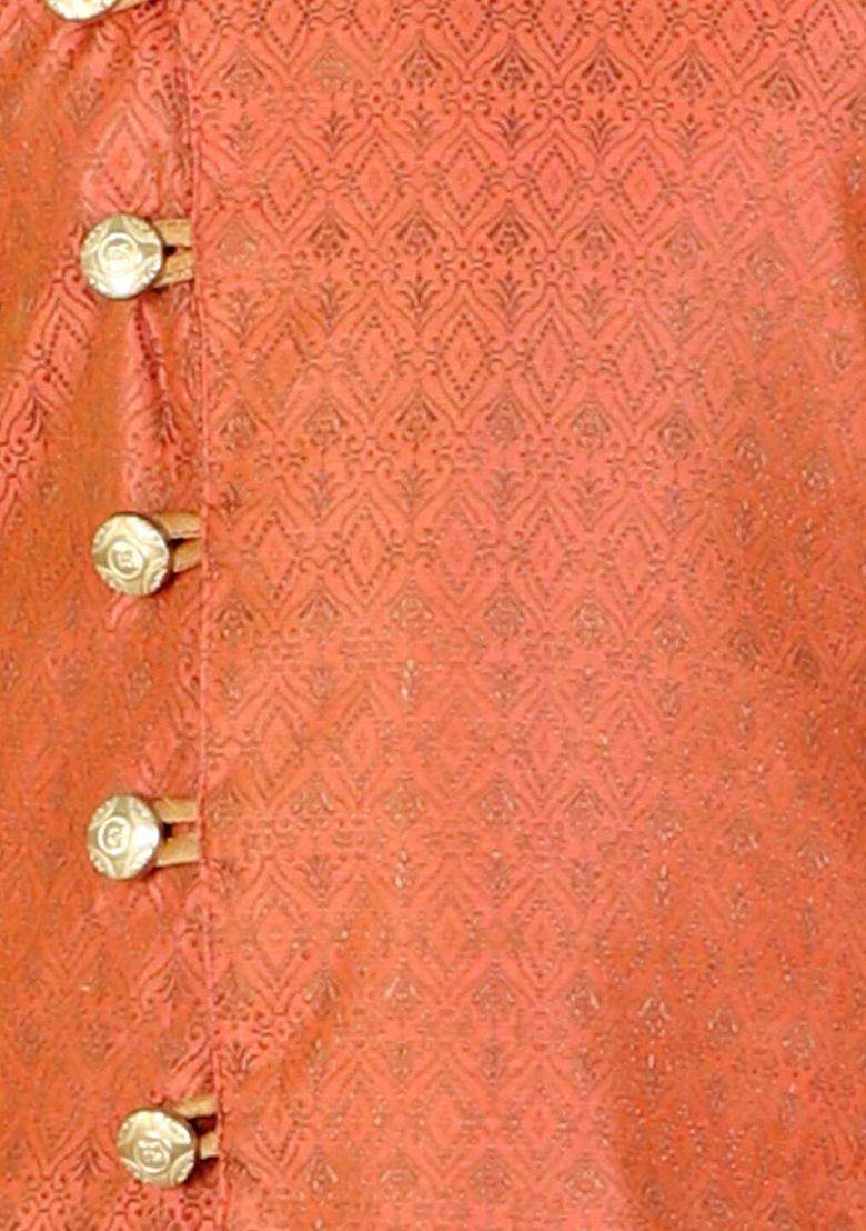 Rust Woven Design Silk Kurta Set For Boys - Indya