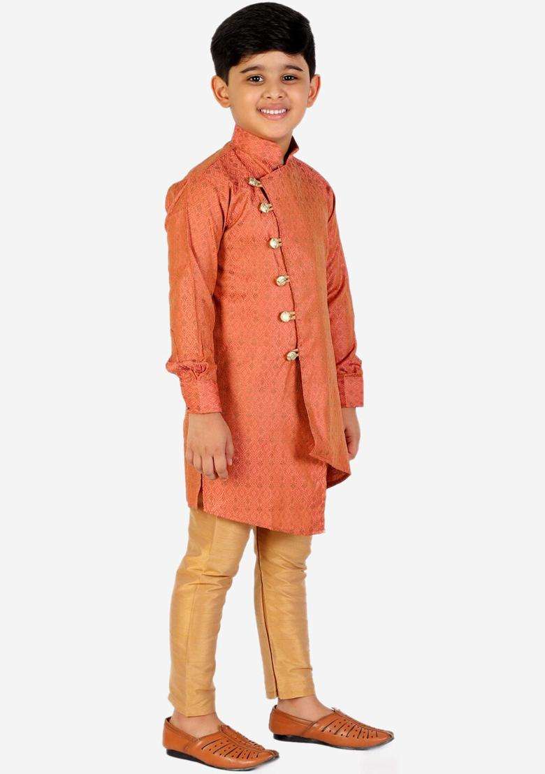 Rust Woven Design Silk Kurta Set For Boys - Indya