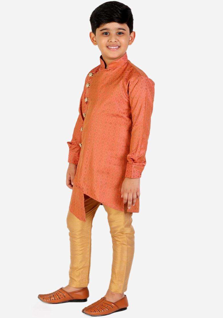 Rust Woven Design Silk Kurta Set For Boys - Indya