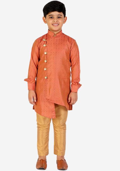 Rust Woven Design Silk Kurta Set For Boys — view on Indya
