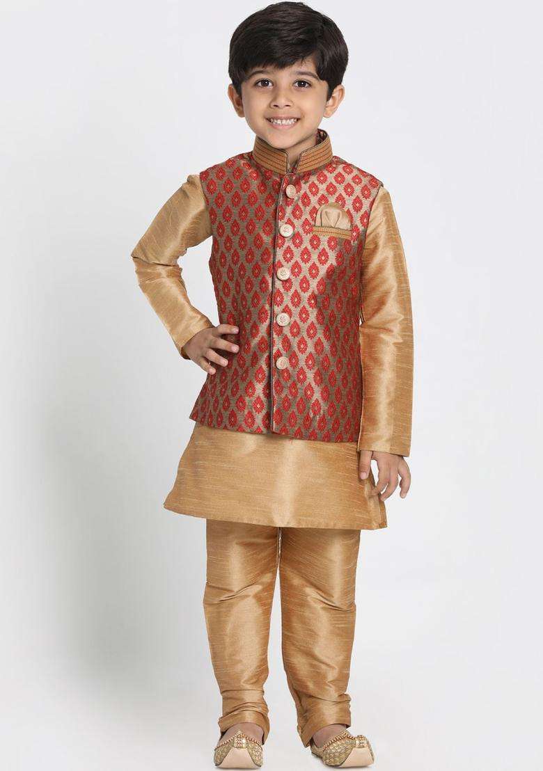 Rose Gold Woven Design Silk Kurta Set For Boys - Indya