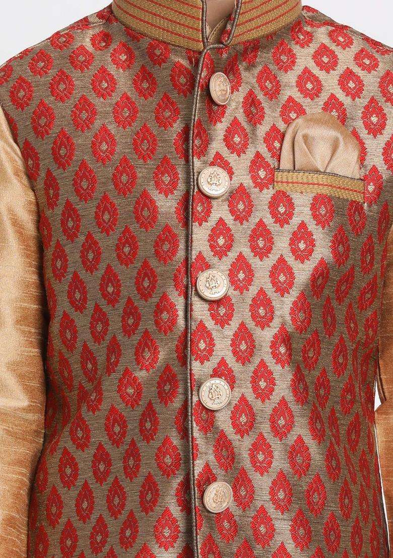 Rose Gold Woven Design Silk Kurta Set For Boys - Indya