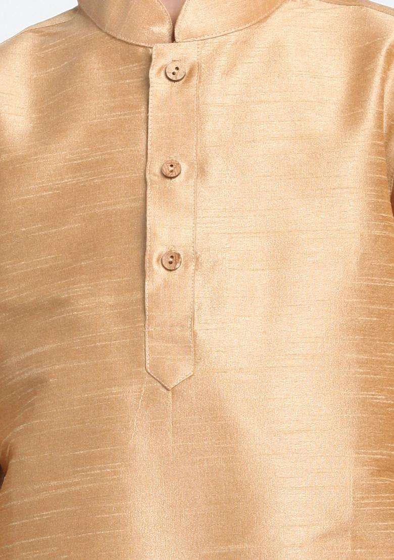 Rose Gold Woven Design Silk Kurta Set For Boys - Indya