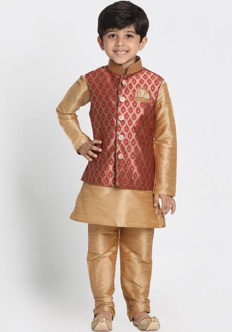 Rose Gold Woven Design Silk Kurta Set For Boys — view on Indya
