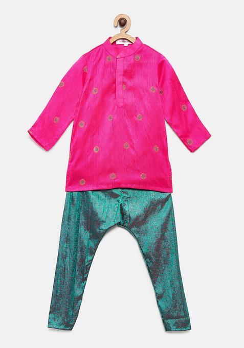 Fuchsia Embroidered Silk Kurta Set For Boys — view on Indya