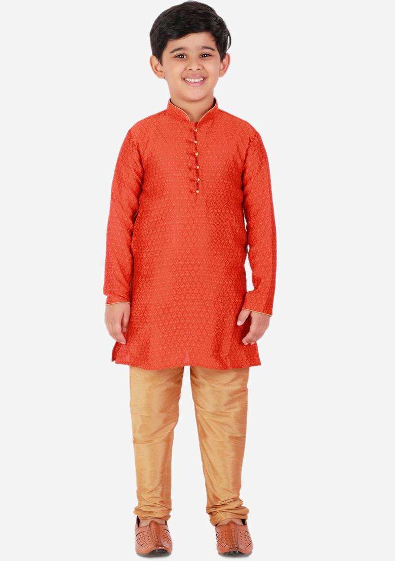 Orange Woven Design Silk Kurta Set For Boys - Indya