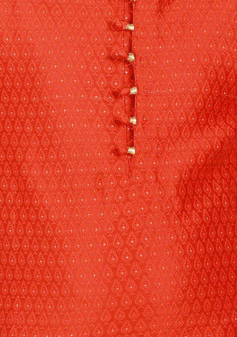 Orange Woven Design Silk Kurta Set For Boys - Indya