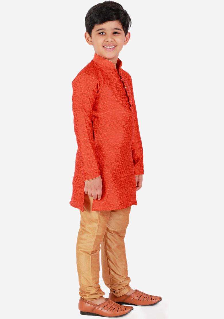 Orange Woven Design Silk Kurta Set For Boys - Indya