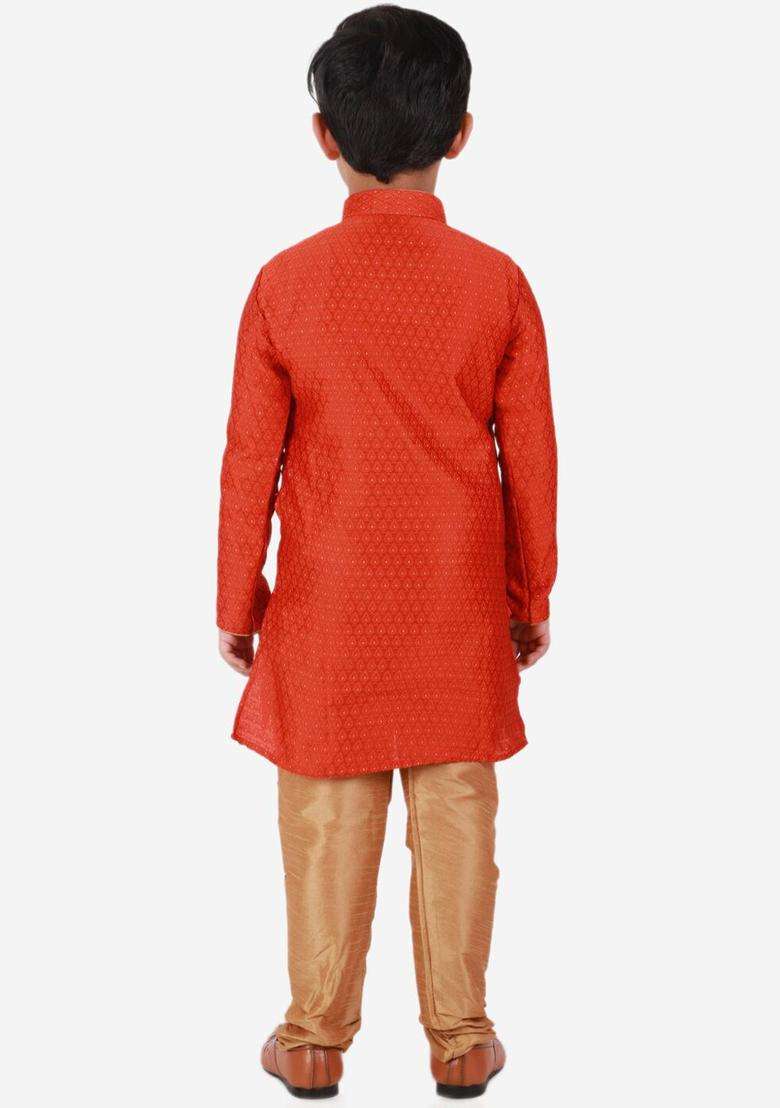 Orange Woven Design Silk Kurta Set For Boys - Indya