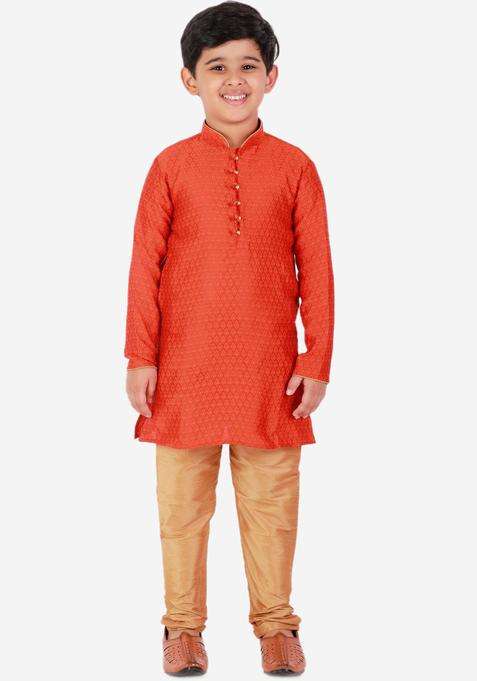 Orange Woven Design Silk Kurta Set For Boys