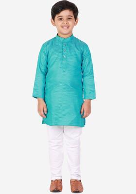 Teal Woven Design Cotton Kurta Set For Boys