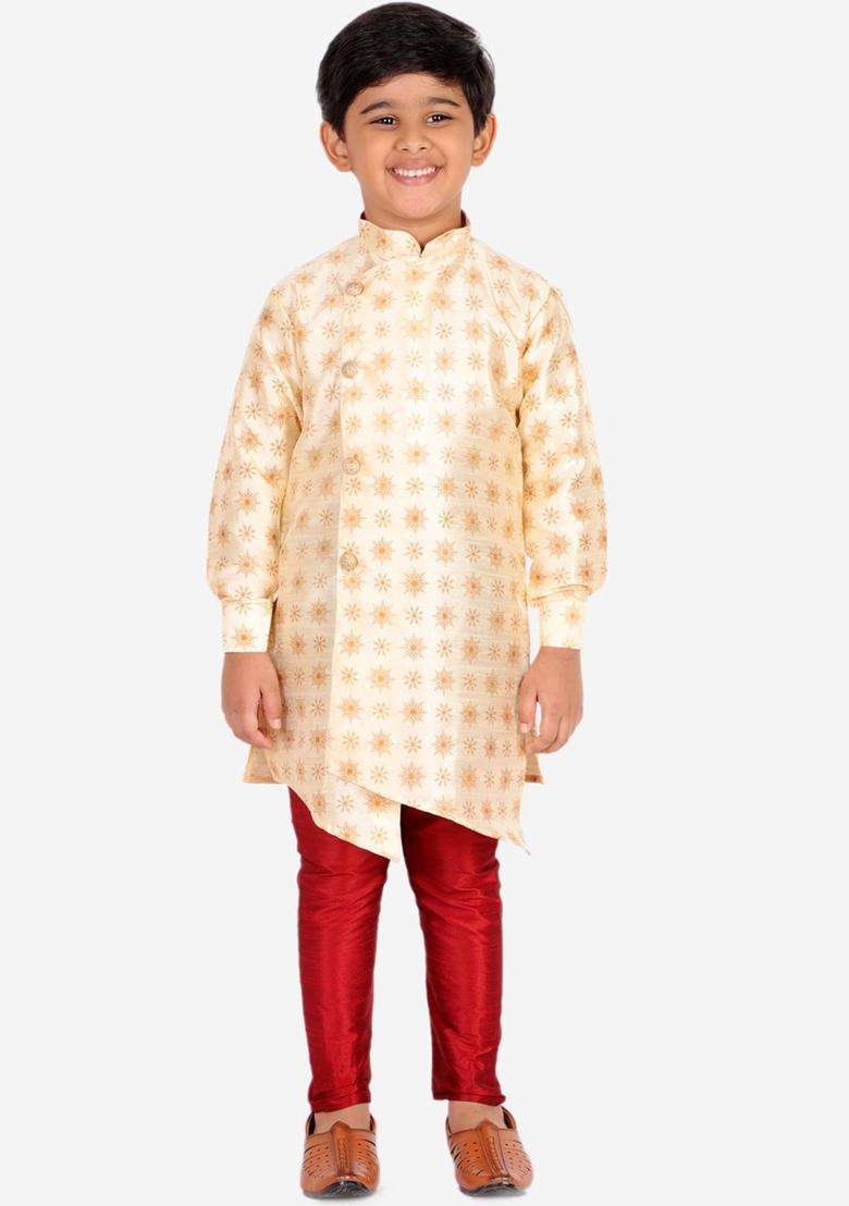 Gold Printed Silk Kurta Set For Boys - Indya