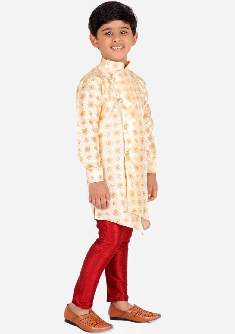 Gold Printed Silk Kurta Set For Boys - Indya
