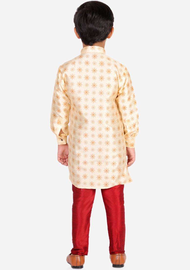 Gold Printed Silk Kurta Set For Boys - Indya