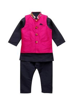 Navy Blue Solid Polyester Kurta Set For Boys